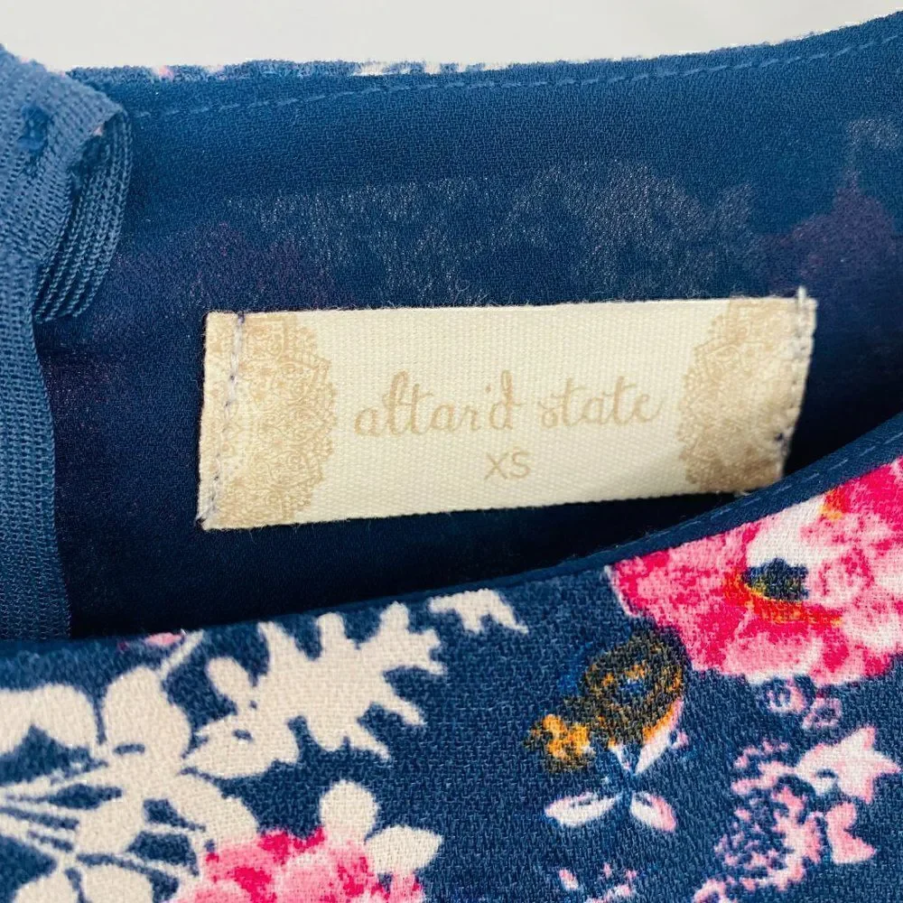 Altar'd State Size XS Navy Blue & Pink Floral Claudine Bell Sleeve Boho Dress - Picture 7 of 10